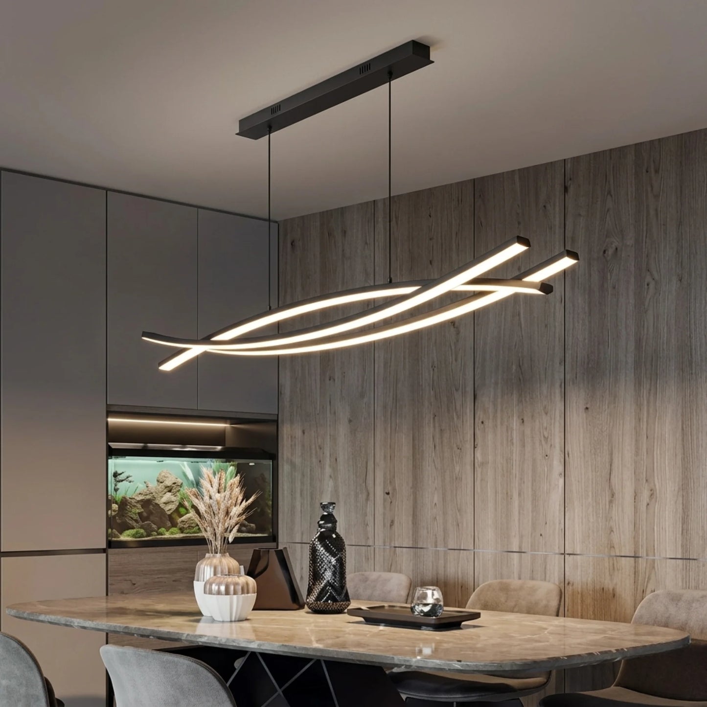 Lámpara colgante negra lineal de tres luces modelo Wave