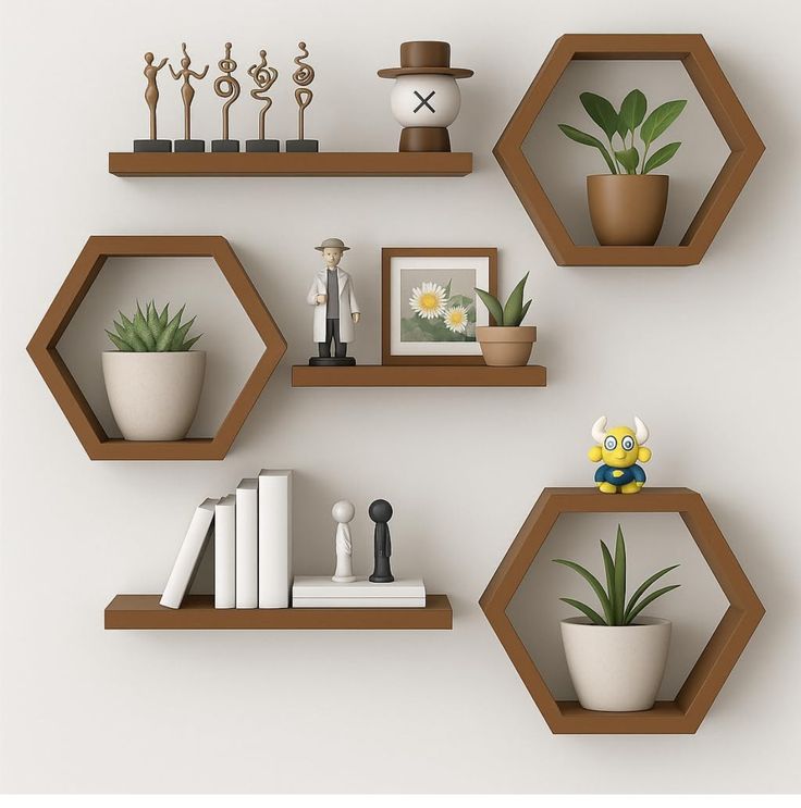 estantes flotantes hexagonales de madera