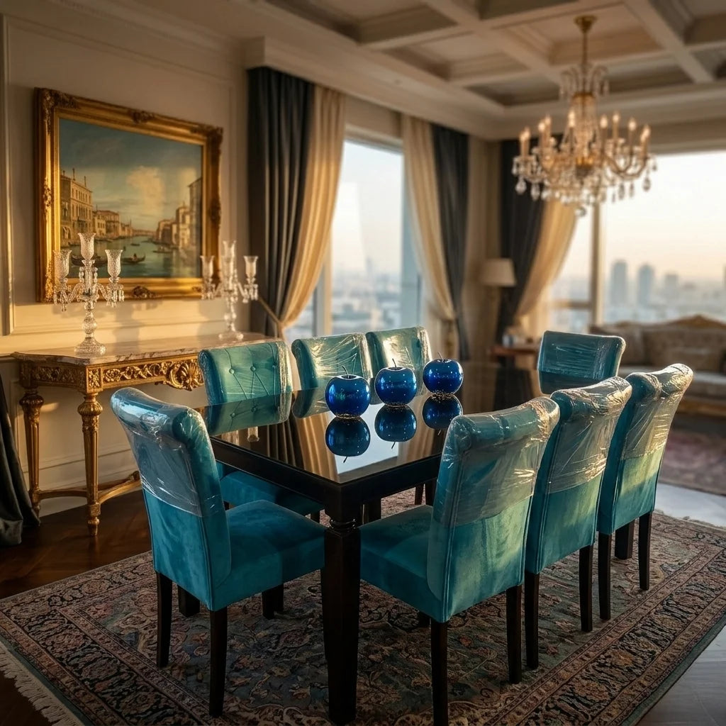 Comedor Copeta de 8 sillas velvet turquesa en comedor moderno con decoración nórdica hogar