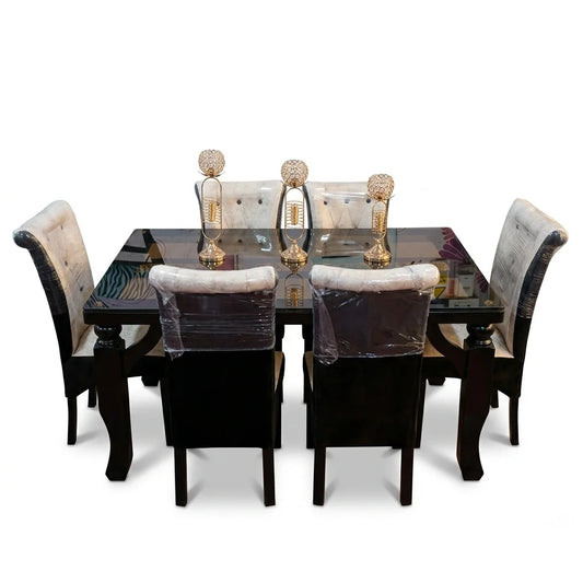 Juego de comedor 6 sillas capitoné en madera tornillo en comedor moderno de departamento en Lima