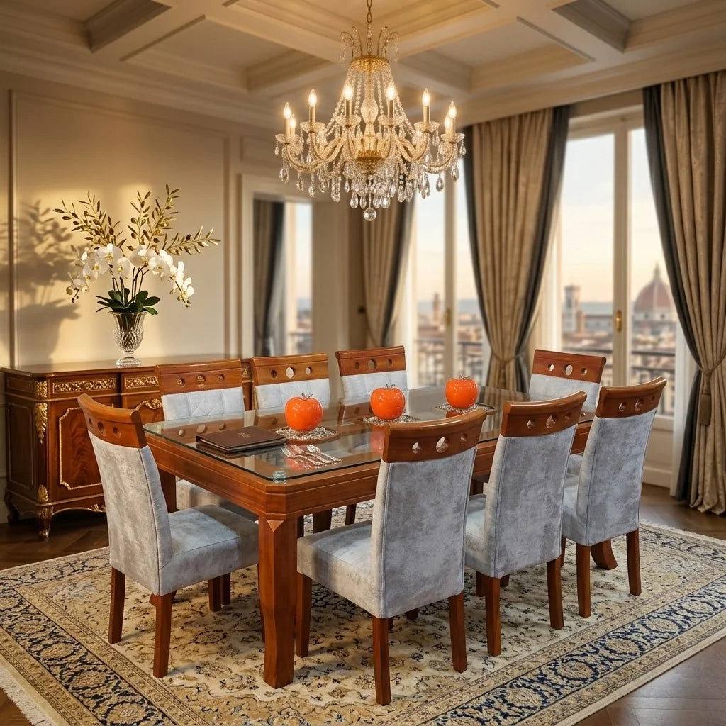 Juego de comedor 8 sillas en madera y vidrio en comedor moderno de departamento en Lima