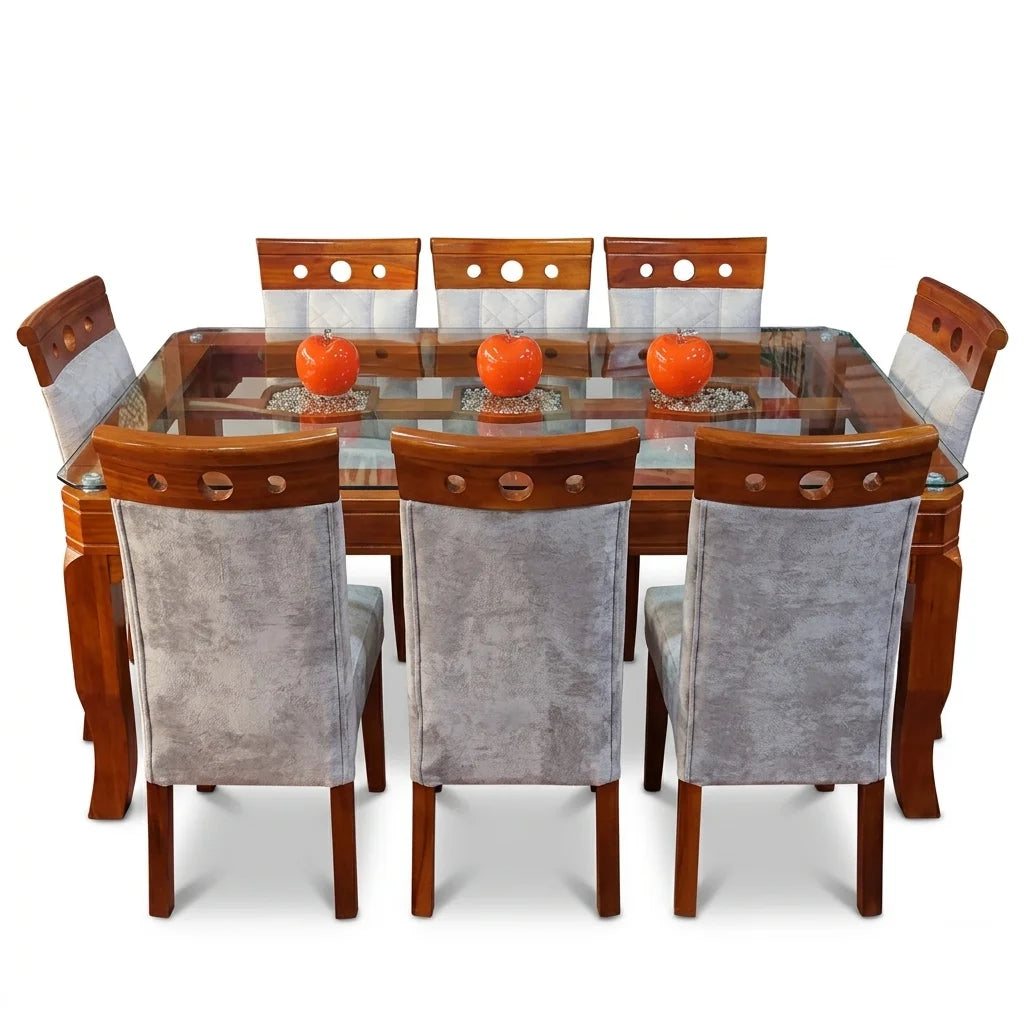 Juego de comedor 8 sillas en madera y vidrio en comedor moderno de departamento en Lima