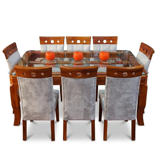 Juego de comedor 8 sillas en madera y vidrio en comedor moderno de departamento en Lima