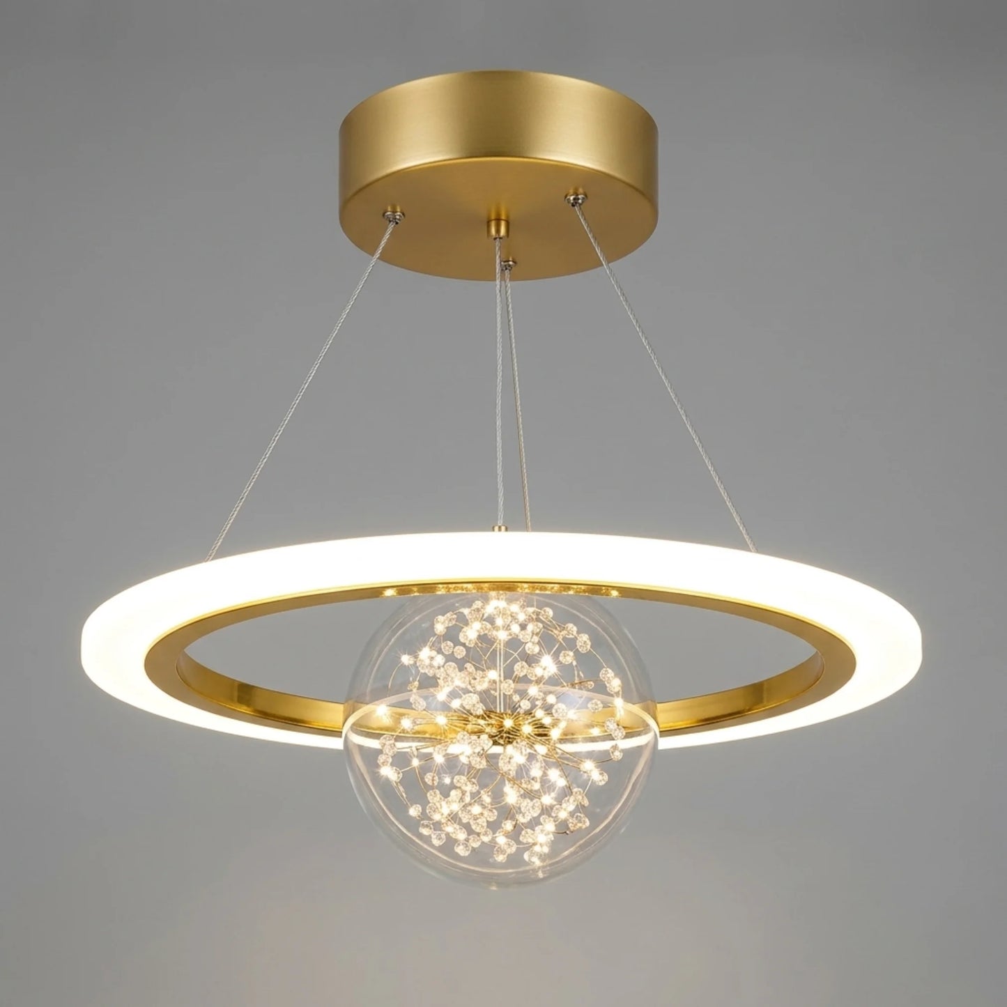 Lámpara colgante orbital oro con esfera de cristal LED