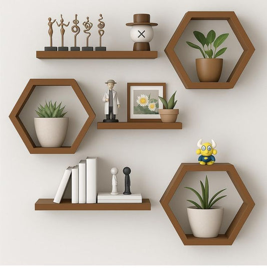 estantes flotantes hexagonales de madera