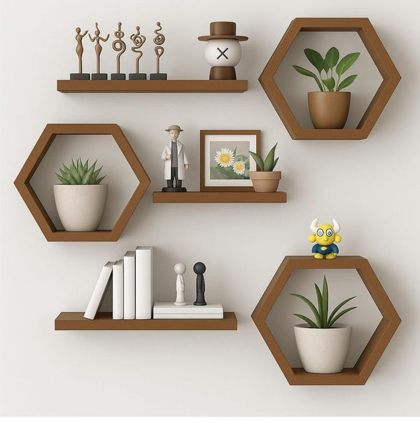 estantes flotantes hexagonales de madera